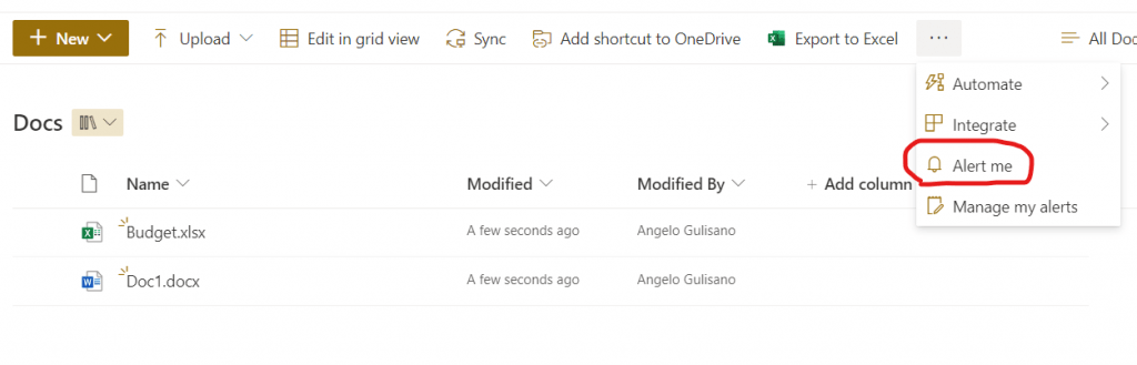 SharePoint Alert me option