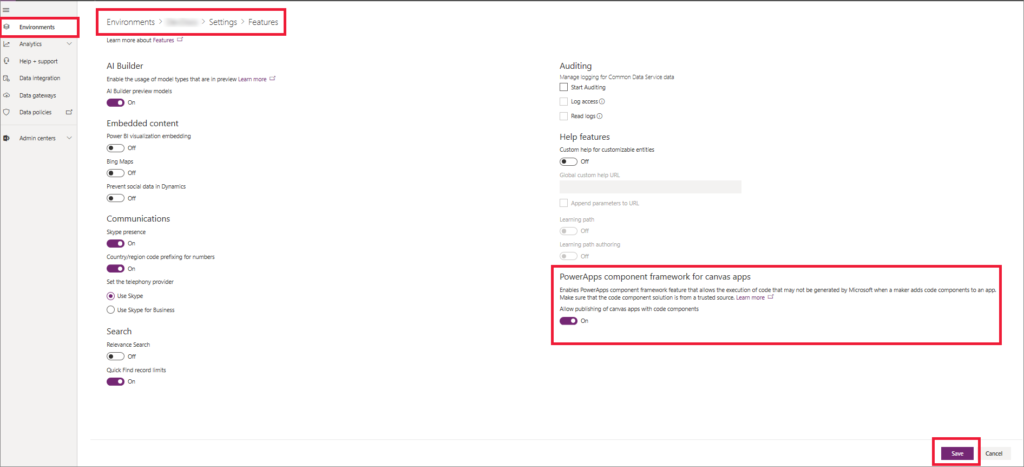 Enable Power App component Framework Feature
