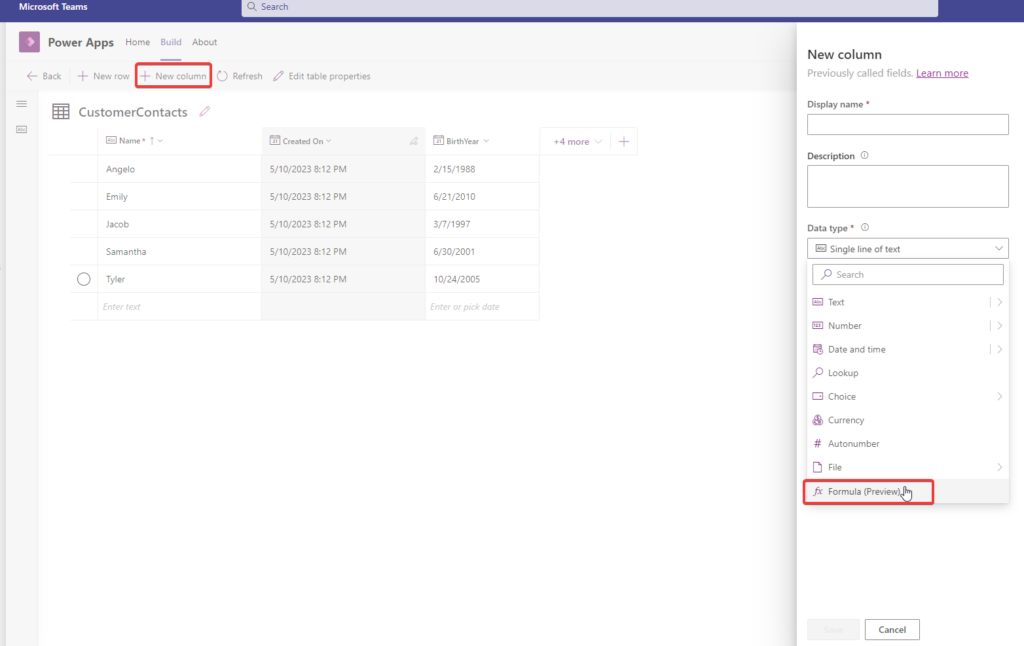 Create column in Dataverse for teams