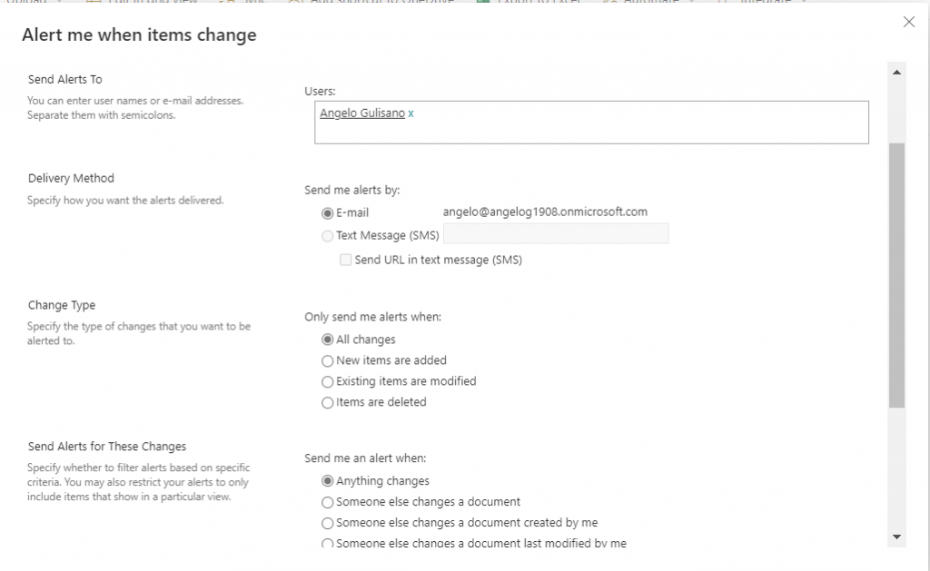 SharePoint Alert me page
